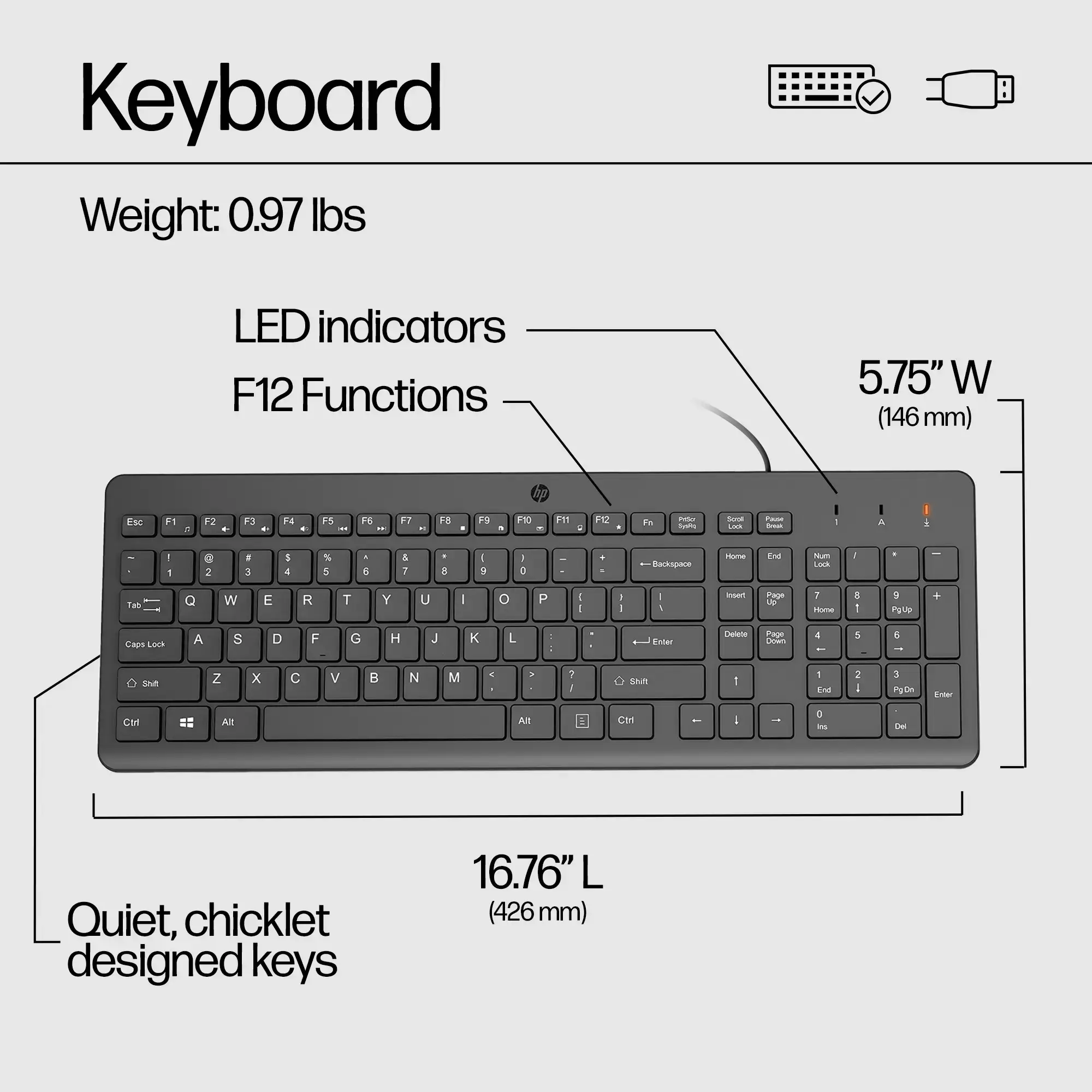 HP 150 laidinė klaviatūra, pilno dydžio (100 %), USB, mechaninė, QWERTY, juoda
