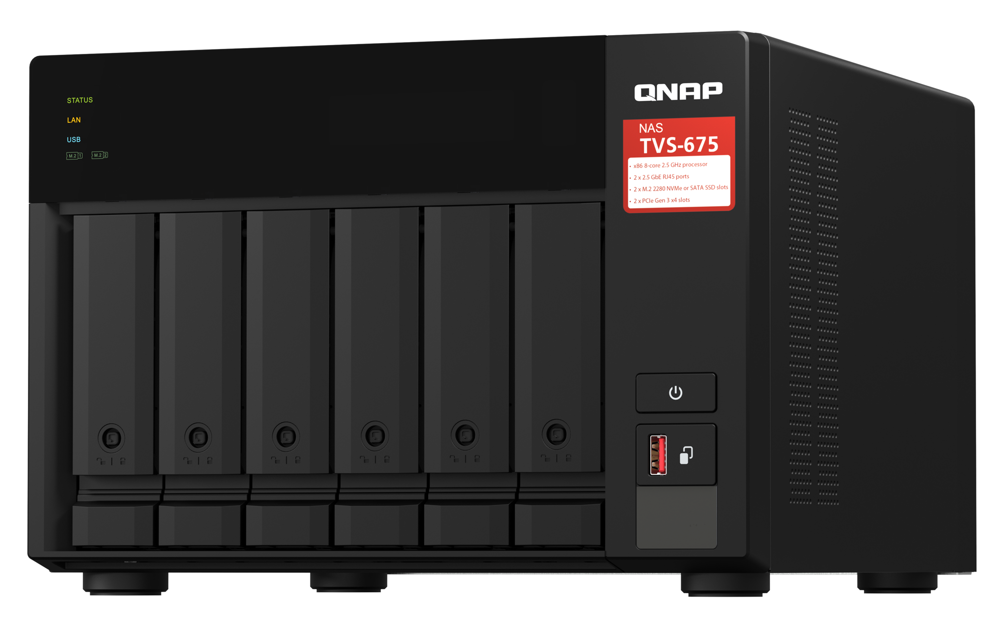 QNAP TVS-675-8G 6-bay NAS KX-U6580 8C/8T 2.5GHz 8GB 6xSATA 6Gb/s bays 2xM.2 NVMe PCIe Gen3 SSD slots 2x2.5GbE LAN optional 10GbE