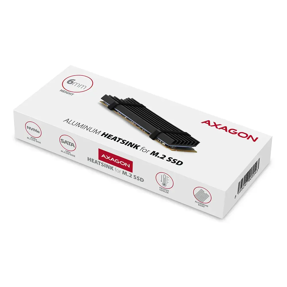 "AXAGON CLR-M2L6" pasyvusis - M.2 SSD, 80 mm SSD, ALU korpusas, silikoninės šiluminės pagalvėlės, aukštis 6 mm