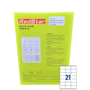 RedStar A4 Labels 21 Per Sheet 70x42.3/x21A4/x100 sheets
