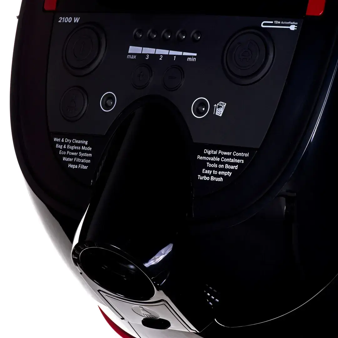 "Bosch Serie 4" BWD421POW, 2100 W, cilindrinis dulkių siurblys, sausas ir drėgnas, kombinuotas, HEPA, juodas, raudonas