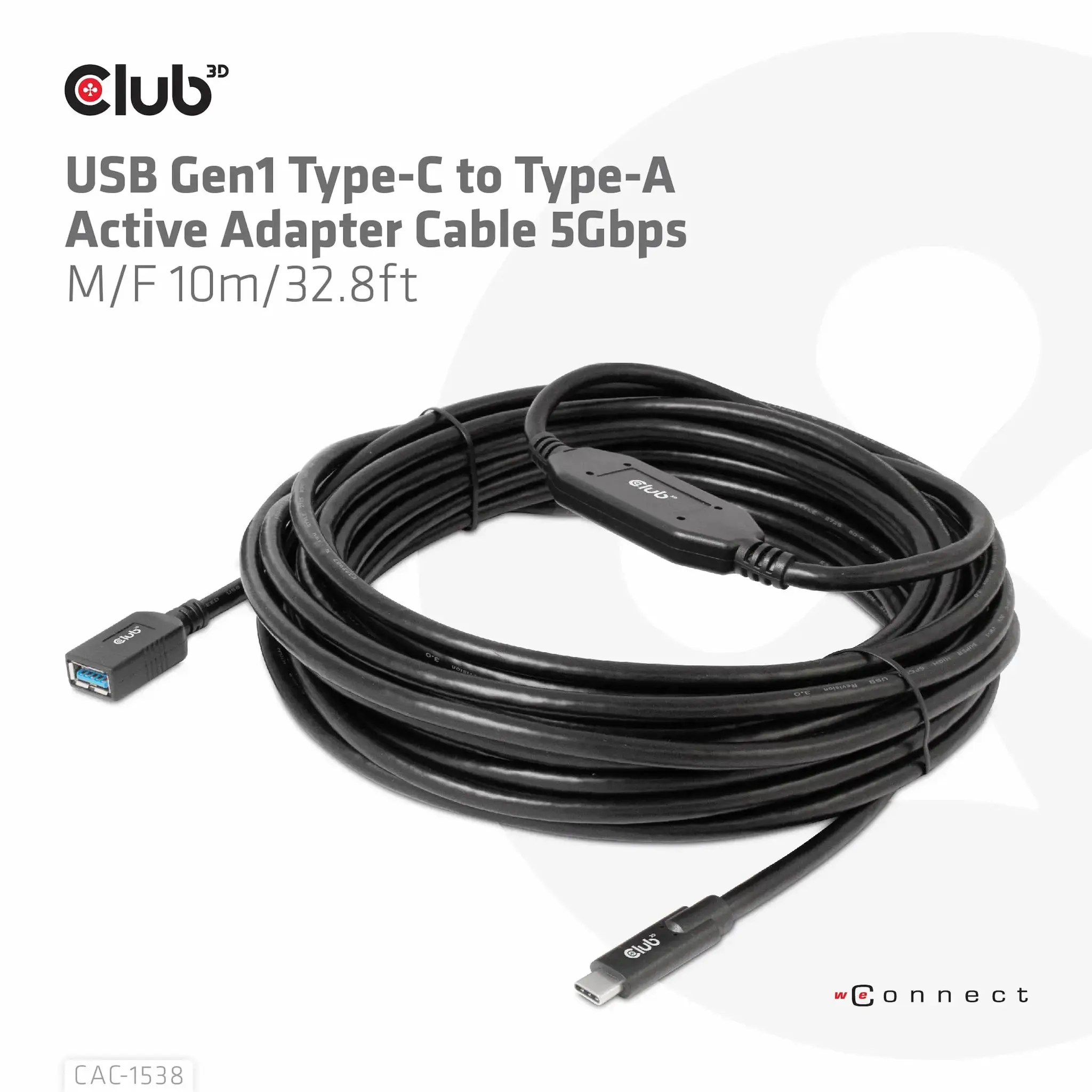 CLUB3D USB Gen1 Type-C to Type-A Active Adapter Cable 5Gbps M/F 10m/32.8ft, 10 m, USB C, USB A, USB 3.2 Gen 1 (3.1 Gen 1), 5000 Mbit/s, Black