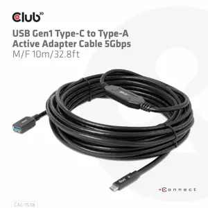 CLUB3D USB Gen1 Type-C to Type-A Active Adapter Cable 5Gbps M/F 10m/32.8ft, 10 m, USB C, USB A, USB 3.2 Gen 1 (3.1 Gen 1), 5000 Mbit/s, Black