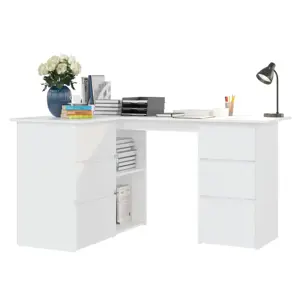 Kampinis rašomasis stalas, baltas, 145x100x76cm, mediena