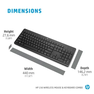 HP 230 Wireless Mouse and Keyboard Combo, Full-size (100%), Wireless, RF Wireless, Membrane, Black, Mouse included