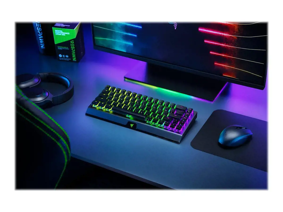 "Razer BlackWidow V3 Mini HyperSpeed" mechaninė žaidimų klaviatūra, RGB LED apšvietimas, QWERTY, tarptautinė, belaidė, juoda, geltonas jungiklis