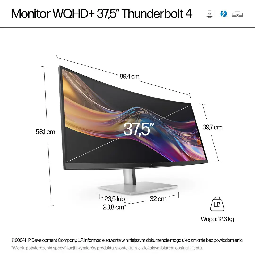 HP 738pu Series 7 Pro Curved TB4 Charging Monitor - 37.5" 3840x1600 WQHD+ 400-nit 60Hz AG, Curved, IPS Black HDR 400, USB-C(100W/65W/15W)/HDMI/ DP Daisy-Chain, 5x USB-A, speakers, RJ-45 LAN, height adjustable/tilt/swivel, 3 years (Z38c)