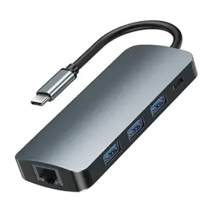 USB-C 9in1 šakotuvas "Remax Retor" serija 3x USB 3.0, USB-C, RJ45, HDMI, 3,5 mm, SD/TF (pilka)
