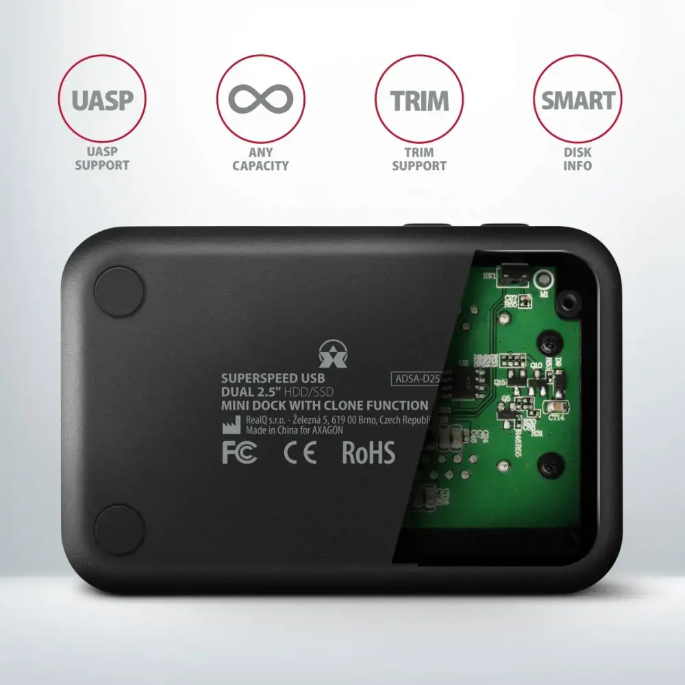 AXAGON ADSA-D25 USB 3.2 Gen 1 - 2x SATA 6G 2,5" SSD/HDD CLONE DUAL MINI dokas