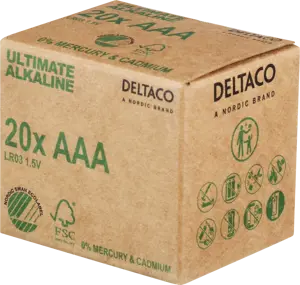 Ultimate Alkaline AAA baterijos DELTACO LR03/AAA , pažymėta ekologiniu ženklu "Nordic Swan", 20 vnt…