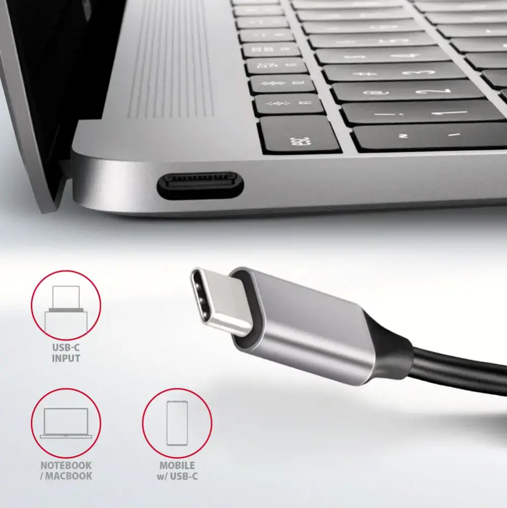 "Axagon" kelių prievadų USB 3.2 Gen 1 šakotuvas. HDMI, kortelių skaitytuvas ir trys USB-A išvestys. USB-C 20 cm ilgio kabelis.