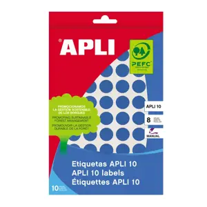Lipnios etiketės APLI, apvalūs, diam., 10 mm, 8 l., mėlyna
