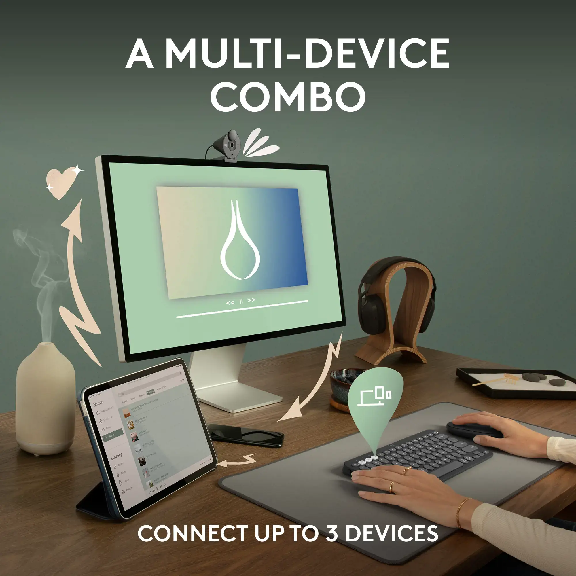 Logitech Pebble 2 Combo, Wireless, RF Wireless + Bluetooth, Scissor key switch, QWERTY, White, Mouse included