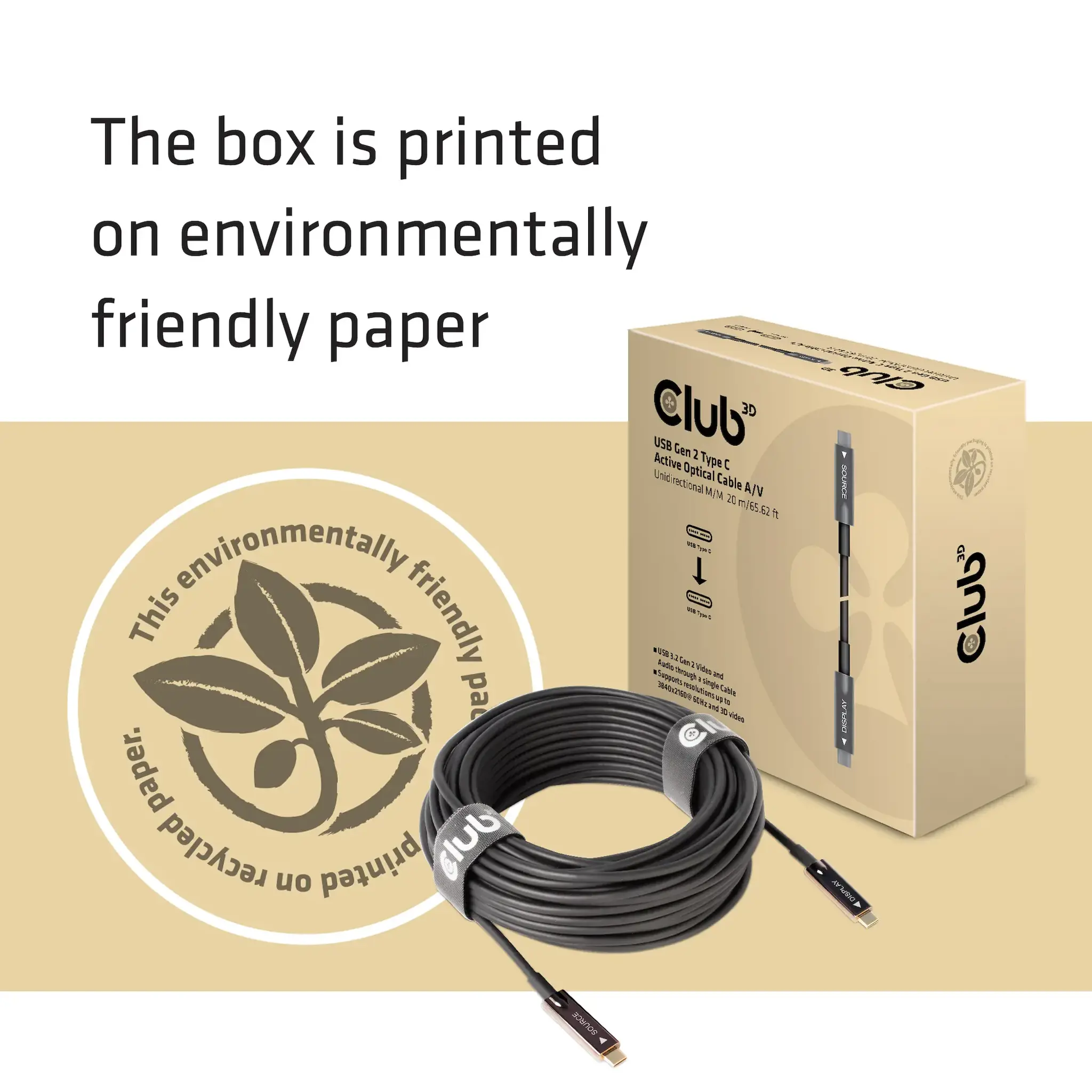 CLUB3D USB Gen 2 Type C Active Optical Cable A/V Unidirectional M/M 20 m/ 65.62 ft, 20 m, USB C, USB C, USB 3.2 Gen 2 (3.1 Gen 2), Black