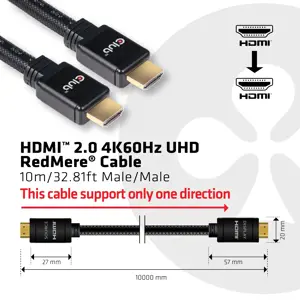 CLUB3D HDMI 2.0 4K60Hz RedMere cable 10m/32.8ft, 10 m, HDMI Type A (Standard), HDMI Type A (Standard), 3D, 18 Gbit/s, Black
