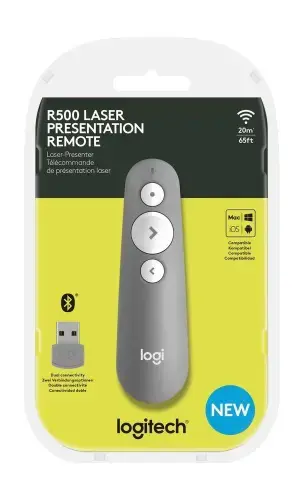 "Logitech R500", "Bluetooth/RF", USB, 20 m, pilka