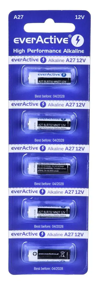 5 x šarminės baterijos everActive 27A 12V - lizdinė plokštelė 5 vnt.