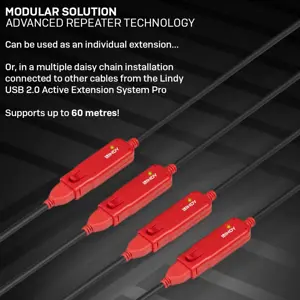 "Lindy" 8 m USB 2.0 aktyvusis prailgintuvas, CE, UKCA, FCC, RoHS, REACH, Kalifornijos pasiūlymas 65, juodas, 0 - 50 °C, -20 - 60 °C, 8 m, 280 g