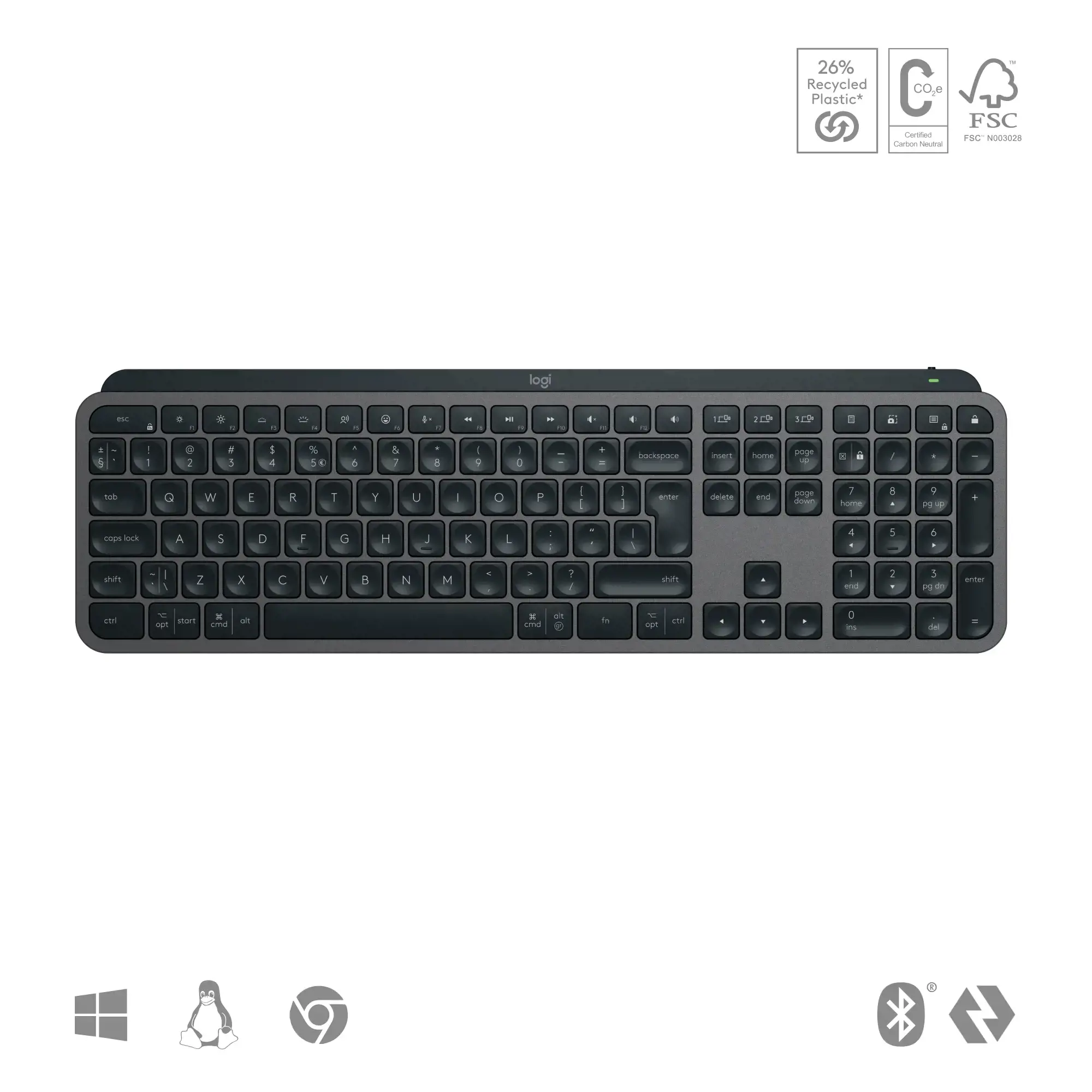 "Logitech MX Keys S", pilno dydžio (100 %), RF belaidis + "Bluetooth", žirklinis klavišų jungiklis, QWERTY, šviesos diodas, grafito spalvos