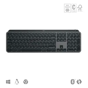 "Logitech MX Keys S", pilno dydžio (100 %), RF belaidis + "Bluetooth", žirklinis klavišų jungiklis, QWERTY, šviesos diodas, grafito spalvos