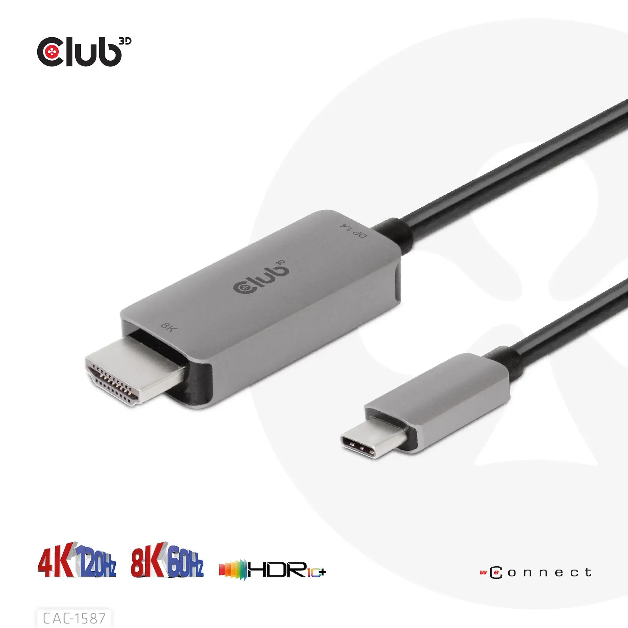 CLUB3D USB Gen2 Type-C to HDMI 4K120Hz 8K60Hz HDR10 with DSC1.2 Active Cable M/M 3m / 9.84ft, USB Gen2 Type-C, HDMI Type A (Standard), 3 m, Black