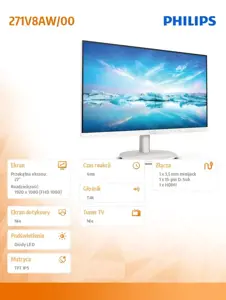 Philips V Line 271V8AW/00, 68.6 cm (27"), 1920 x 1080 pixels, Full HD, LCD, White