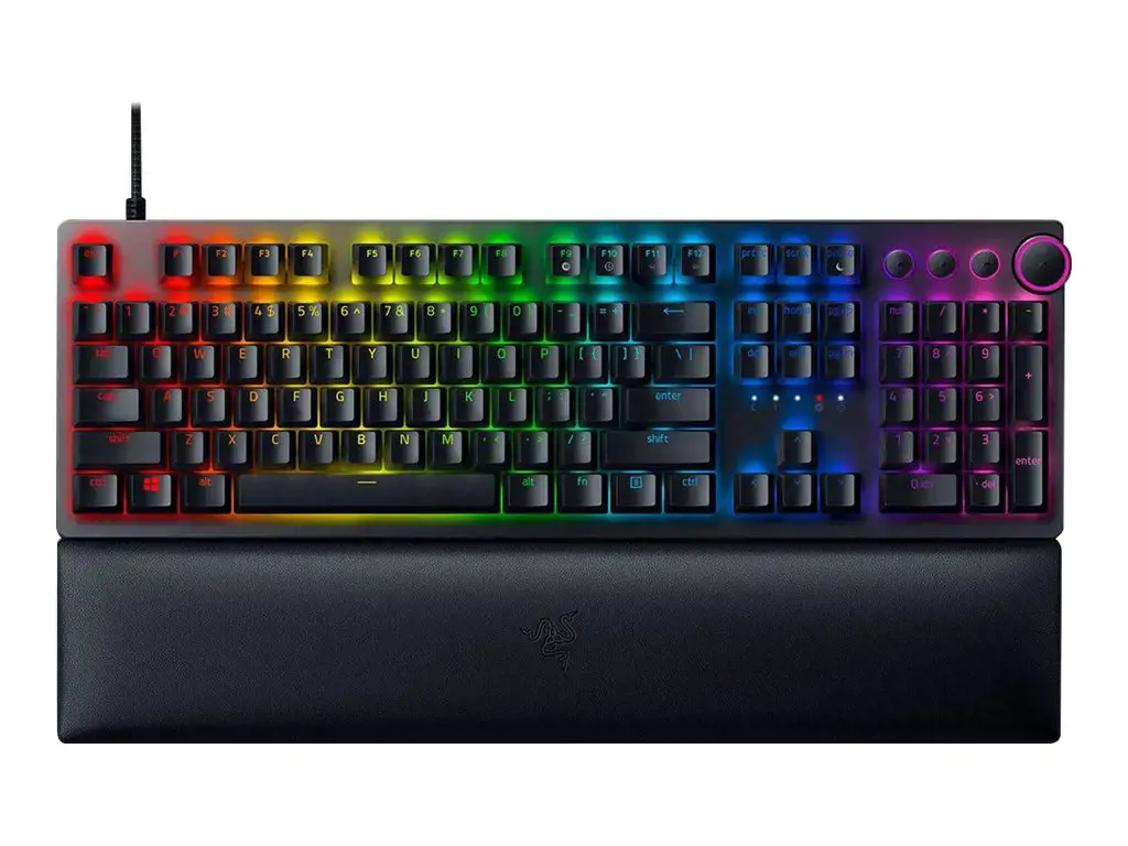 "Razer Huntsman V2" optinė žaidimų klaviatūra su RGB LED apšvietimu, QWERTY JAV tarptautinė, laidinė, juoda, "Clicky Purple" jungiklis, skaitmeninė klaviatūra