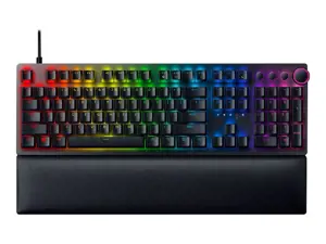 "Razer Huntsman V2" optinė žaidimų klaviatūra su RGB LED apšvietimu, QWERTY JAV tarptautinė, laidinė, juoda, "Clicky Purple" jungiklis, skaitmeninė klaviatūra