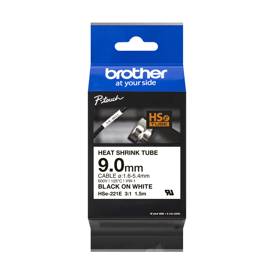 Brother HSE-221E, Black on white, Heat shrink tube, China, 9 mm, 69 mm, 155 mm