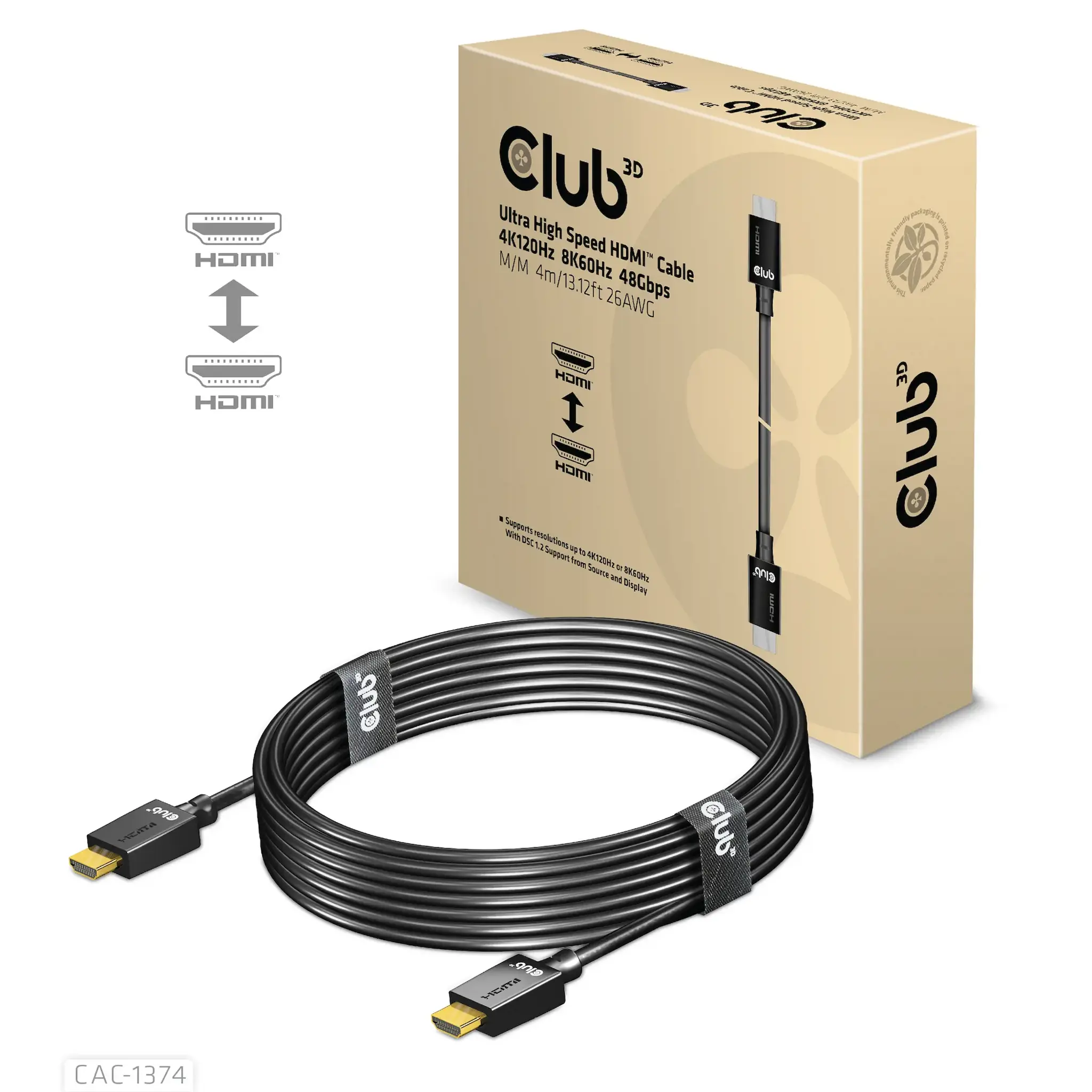 CLUB3D Ultra High Speed HDMI™ 4K120Hz, 8K60Hz Cable 48Gbps M/M 4 m/13.12ft 26AWG, 4 m, HDMI Type A (Standard), HDMI Type A (Standard), Black
