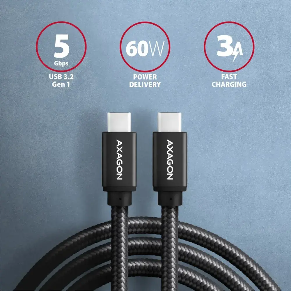 Axagon Duomenų perdavimo ir įkrovimo USB 3.2 Gen 1 kabelis, ilgis 1 m. PD 60 W, 3 A. Juodos spalvos pintas.