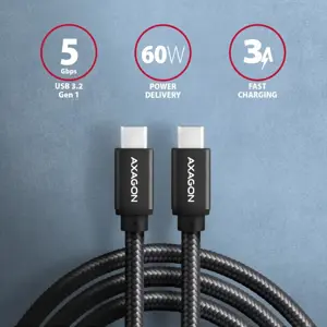 Axagon Duomenų perdavimo ir įkrovimo USB 3.2 Gen 1 kabelis, ilgis 1 m. PD 60 W, 3 A. Juodos spalvos pintas.