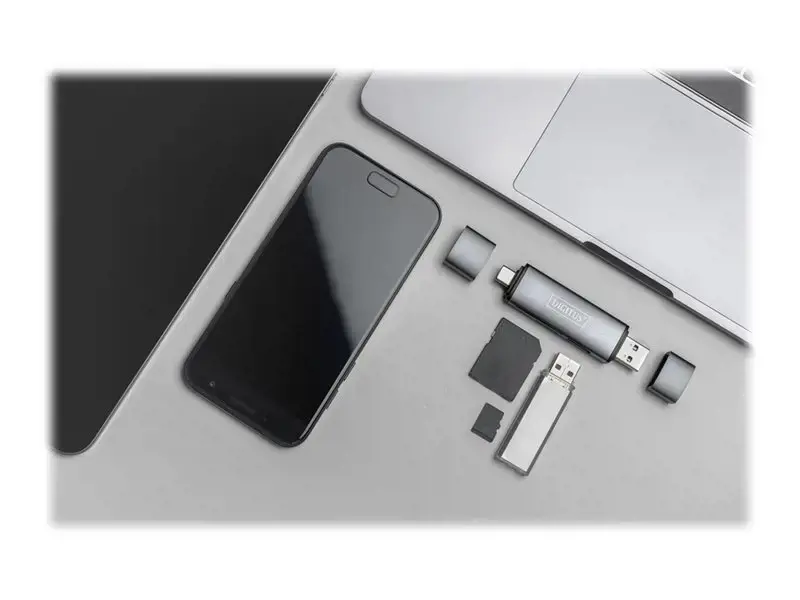 DIGITUS DA-70886 Kombinuoto kortelių skaitytuvo koncentratorius USB-C+USB 3.0 1x SD 1x MicroSD 1x USB 3.0 pilkos spalvos