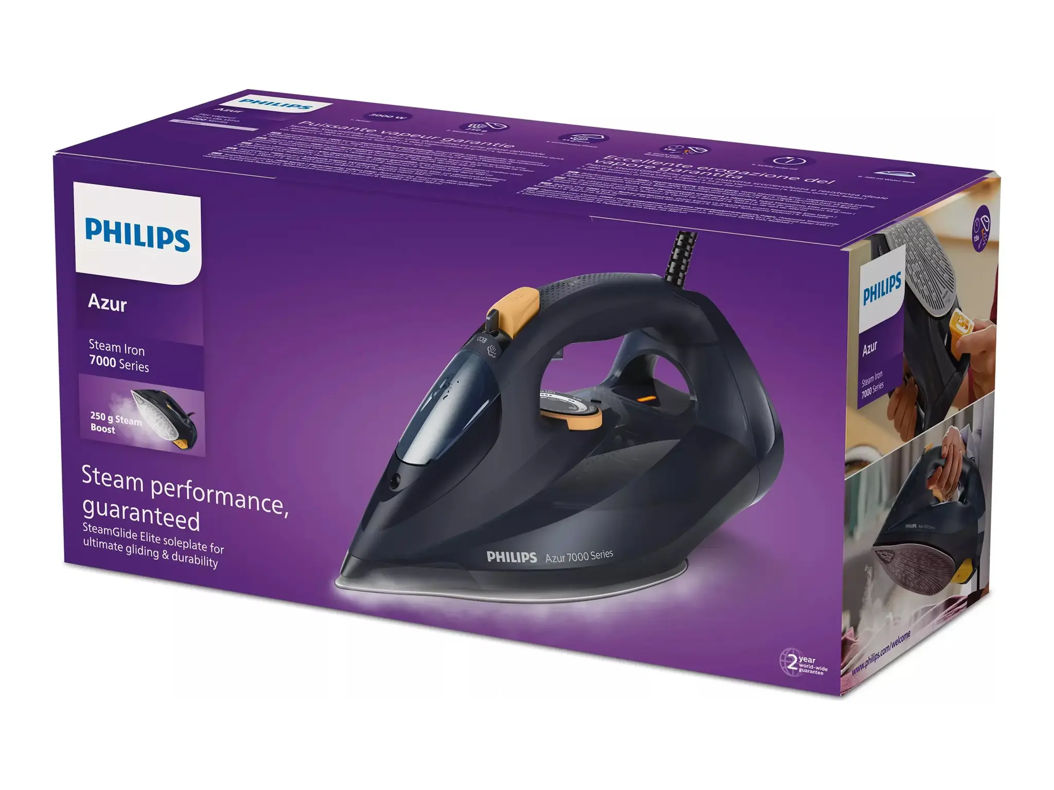 "Philips" 7000 serijos DST7060/20 HV garinis lygintuvas mėlyna/geltona, garinis lygintuvas, "SteamGlide Elite" padas, 2 m, 250 g/min, mėlyna, geltona, 55 g/min