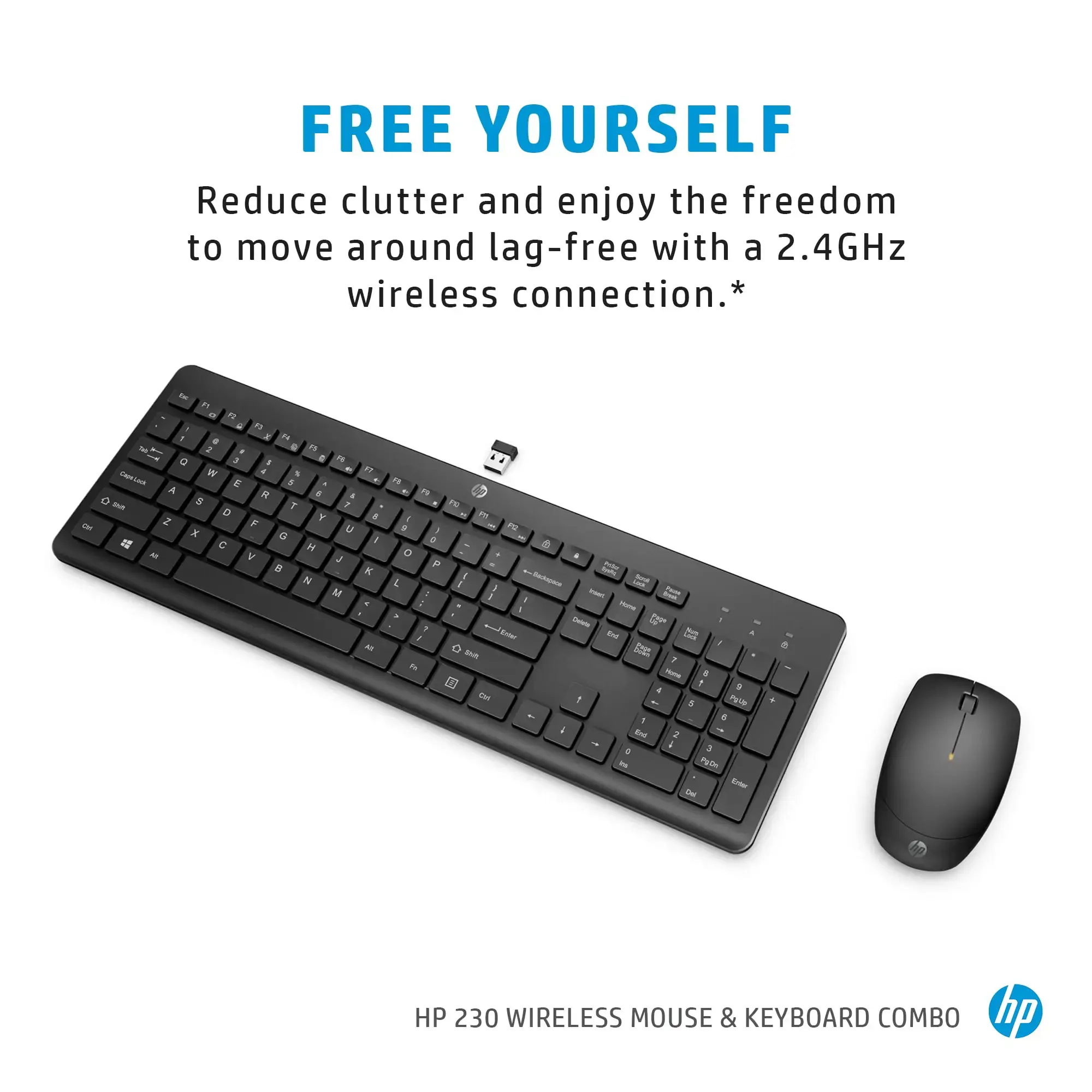 HP 230 Wireless Mouse and Keyboard Combo, Full-size (100%), Wireless, RF Wireless, Membrane, Black, Mouse included