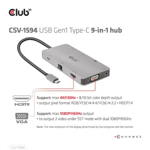 CLUB3D USB Gen1 Type-C 9-in-1 hub with HDMI, VGA, 2x USB Gen1 Type-A, RJ45, SD/Micro SD card slots and USB Gen1 Type-C Female port, USB 3.2 Gen 1 (3.1 Gen 1) Type-C, 3.5mm, HDMI, RJ-45, USB 3.2 Gen 1 (3.1 Gen 1) Type-A, USB 3.2 Gen 1 (3.1 Gen 1) Type-C, VGA, MicroSD (TransFlash), SD, 5000 Mbit/s, 60 Hz, 1920 x 1080 (HD 1080), 3860 x 2160