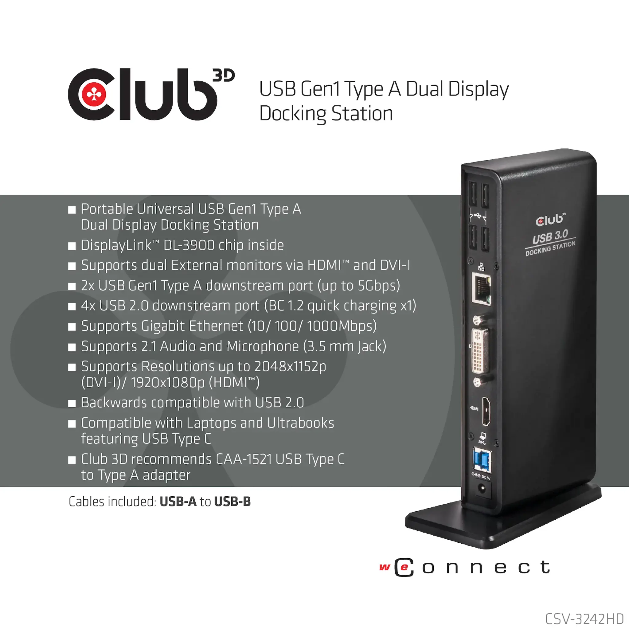 CLUB3D USB Gen1 Type A Dual Display ( HDMI and DVI) DisplayLink™ Docking Station, Wired, USB 3.2 Gen 1 (3.1 Gen 1) Type-A, 1.4a, 3.5 mm, USB Type-B, 10,100,1000 Mbit/s