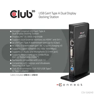 CLUB3D USB Gen1 Type A Dual Display ( HDMI and DVI) DisplayLink™ Docking Station, Wired, USB 3.2 Gen 1 (3.1 Gen 1) Type-A, 1.4a, 3.5 mm, USB Type-B, 10,100,1000 Mbit/s