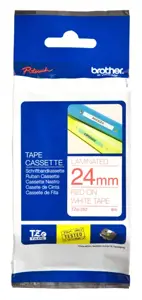 Brother laminuota juosta 24 mm, raudona ant baltos spalvos, TZe, terminis perkėlimas, Brother, PT-2430PC, PT-2700, PT-2730, PT-9600, PT-9700PC, PT-9800PCN, 2,4 cm