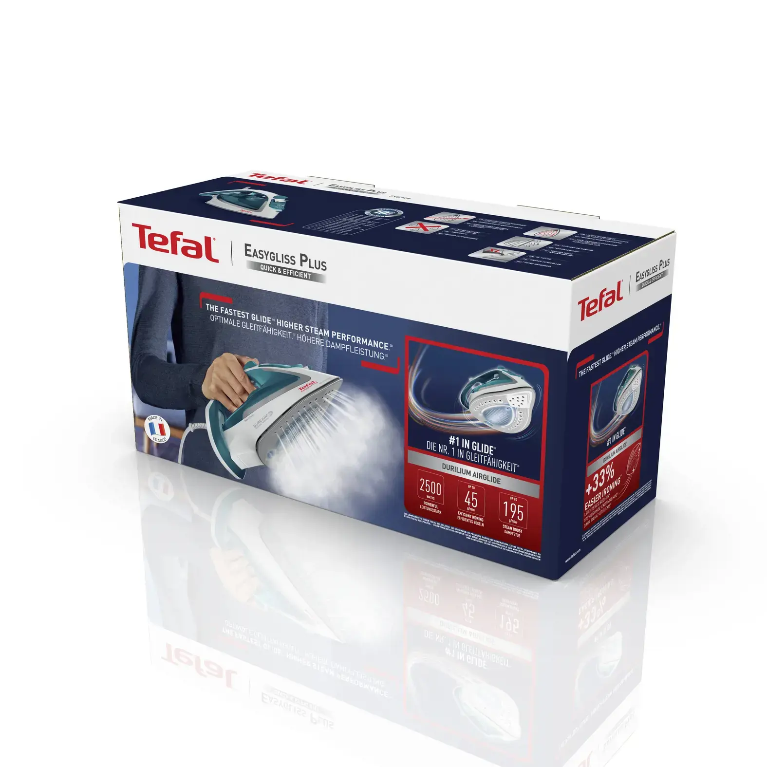 "Tefal EasyGliss Plus FV5718", sausas ir garų lygintuvas, "Durilium" padas, 2 m, 190 g/min, turkio spalvos, baltas, 45 g/min