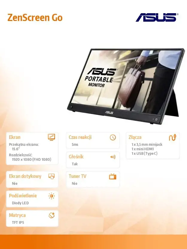 Monitorius ASUS ZenScreen MB16AWP, 39.6 cm (15.6"), 1920 x 1080 pixels, Full HD, LED, 5 ms, Black