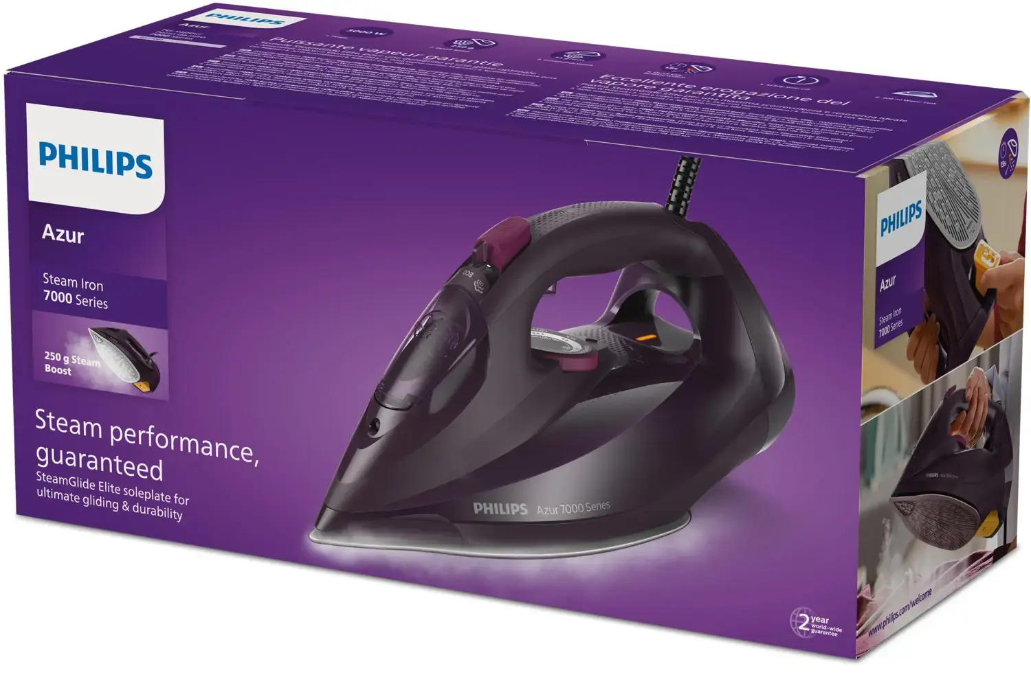 "Philips" 7000 serijos DST7061/30, garinis lygintuvas, "SteamGlide Elite" padas, 2 m, 250 g/min, violetinės spalvos, 55 g/min