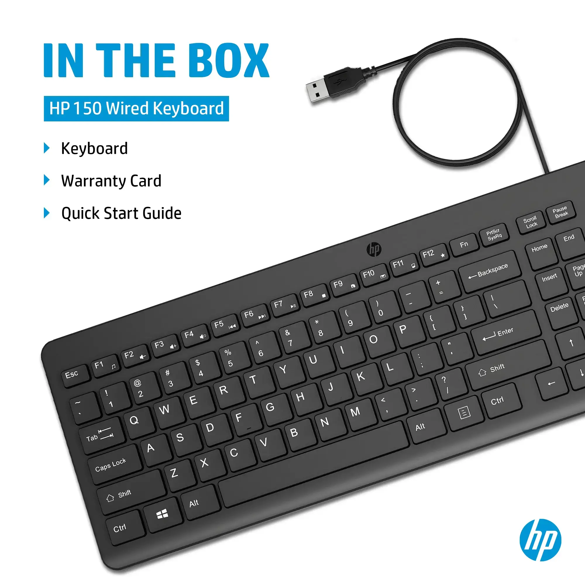HP 150 laidinė klaviatūra, pilno dydžio (100 %), USB, mechaninė, QWERTY, juoda