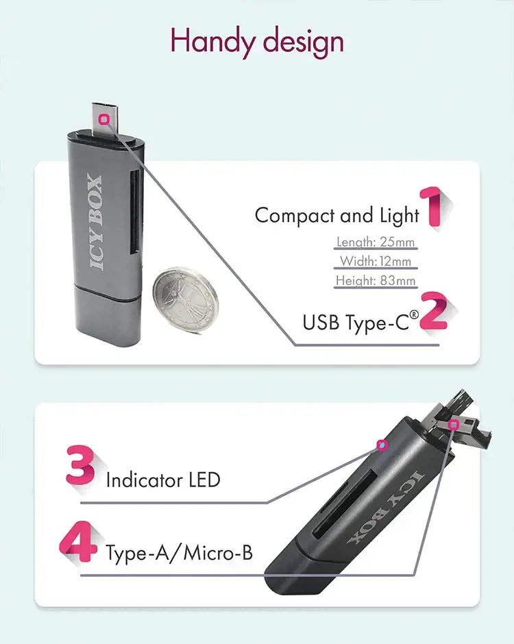 ICY BOX IB-CR200-C, MicroSD (TransFlash), SD, juoda, 480 Mbps, aliuminis, plastikas, 128 GB, USB 2.0
