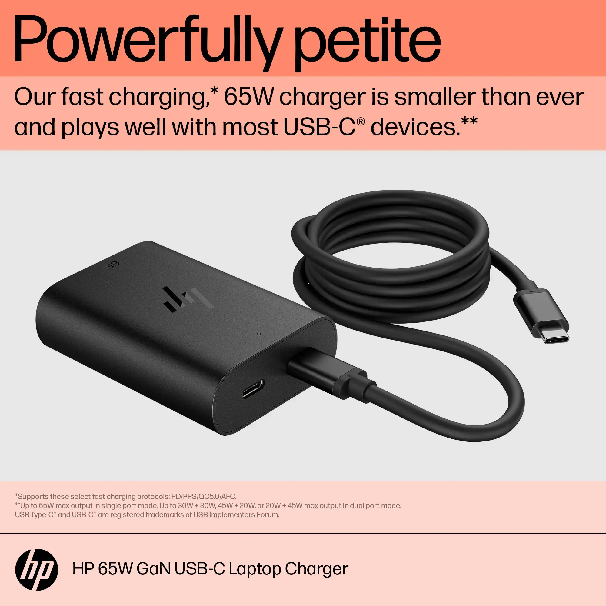 HP 65W GaN USB-C nešiojamojo kompiuterio įkroviklis, vidinis, USB, 1 m, juodas