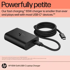 HP 65W GaN USB-C nešiojamojo kompiuterio įkroviklis, vidinis, USB, 1 m, juodas