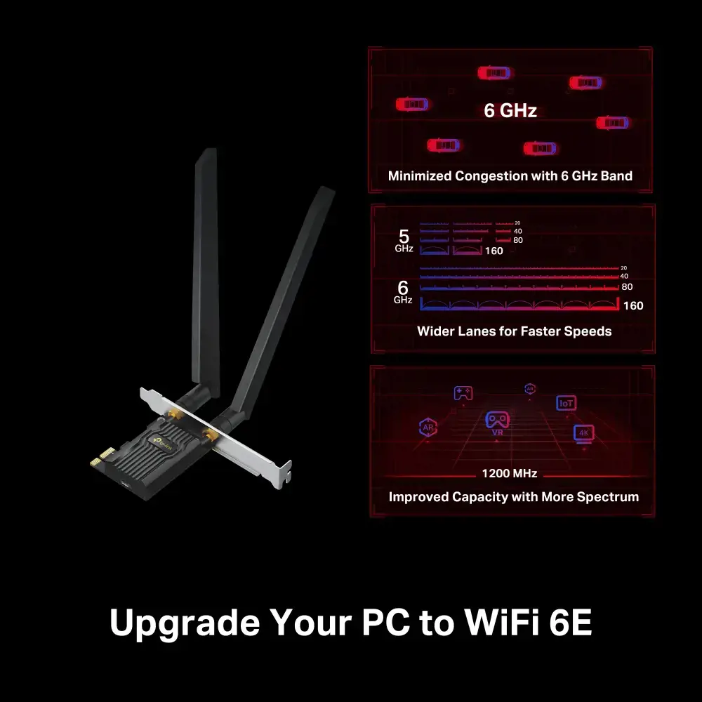 TP-Link AXE5400 "Wi-Fi 6E Bluetooth 5.3 PCIe" adapteris, vidinis, laidinis, "PCI Express", WLAN / "Bluetooth", 2402 Mbps, juodas