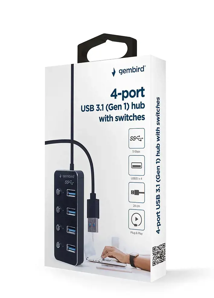 GEMBIRD USB 3.1 Gen 1 4 prievadų šakotuvas su jungikliais, juodas