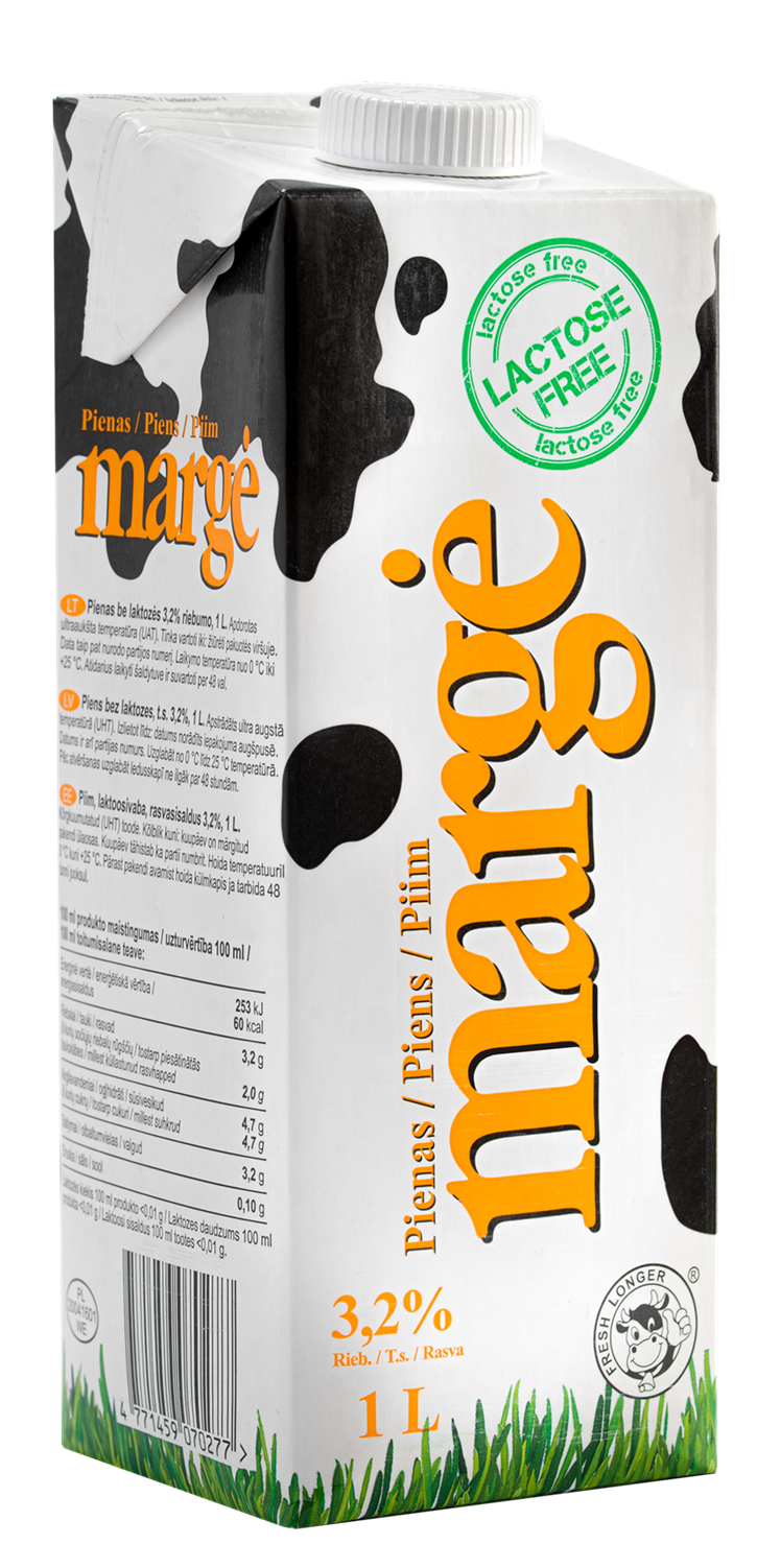 Pienas MARGĖ, be laktozės, 3,2%, UAT, 1 l