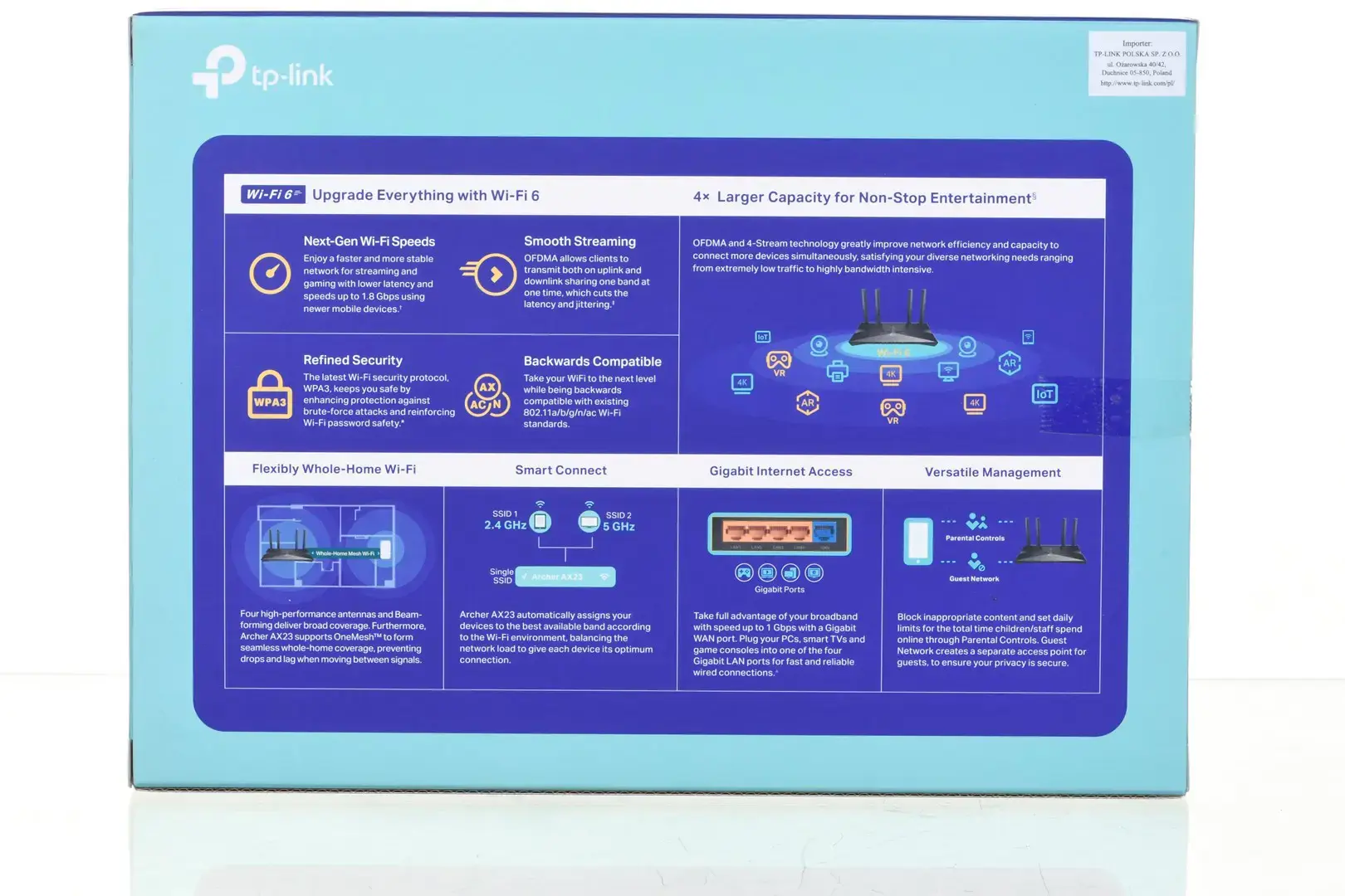 TP-Link ARCHER AX23, "Wi-Fi 6" (802.11ax), dviejų dažnių (2,4 GHz / 5 GHz), Ethernet LAN, 5G, juodas, stalinis maršrutizatorius